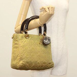 Christian Dior Canage Hand Bag Nylon Khaki Gold Auth 137587